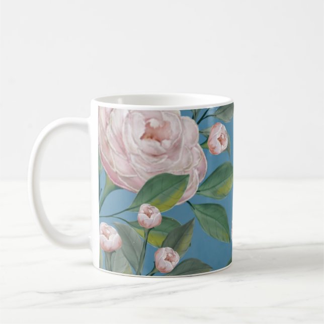 Caneca De Café Rosas Rosa Pálido com Fundo Azul Marinho    (Esquerda)