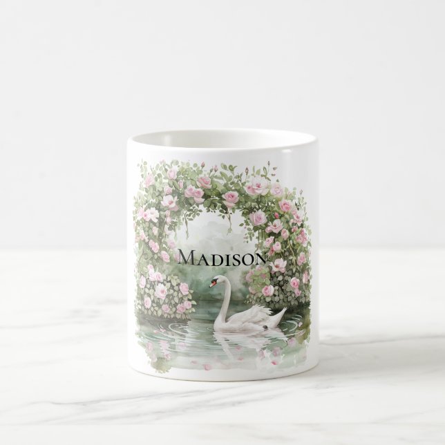 Caneca De Café Rosas Rosa Românticas Lago dos Cisnes Floral   (Centro)