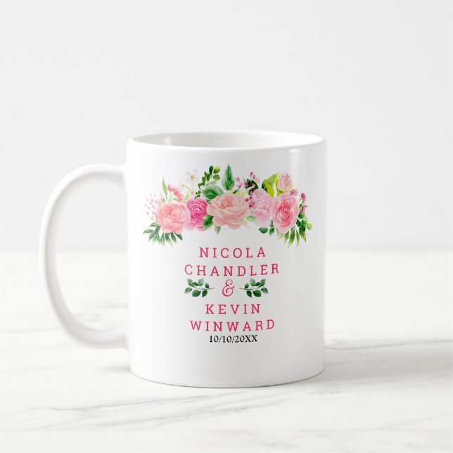 Caneca De Café Rosas Rosas com Folhagem Casamento (Esquerda)