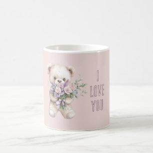 Caneca De Café Rosas Roxas Bege Urso de Pelúcia Amor