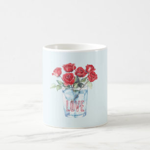 Caneca De Café Rosas Vermelhas Azul Claro Vidro Gelo