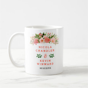Caneca De Café Rosas Vermelhas Corais com Casamento de Folhagens
