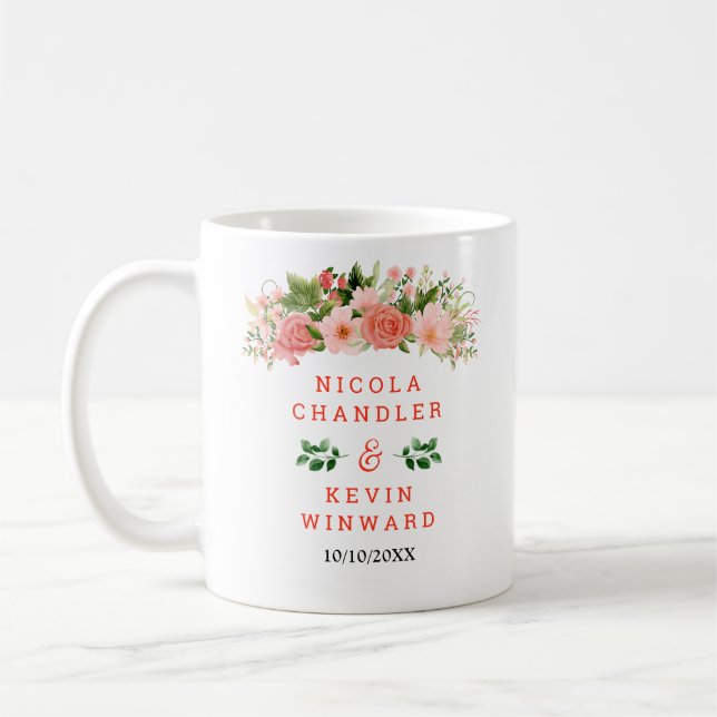 Caneca De Café Rosas Vermelhas Corais com Casamento de Folhagens (Esquerda)