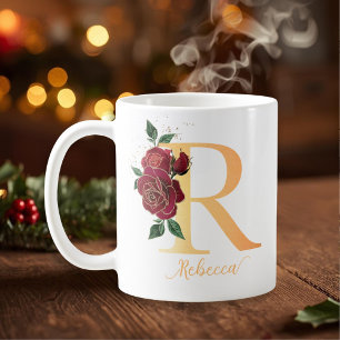 Caneca De Café Rosas vermelhas de nome personalizado do ouro Mono