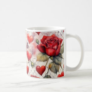 Caneca De Café Rosas Vermelhas e Corações de São Valentim