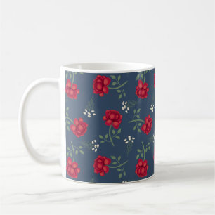 Caneca De Café Rosas Vermelhas em Calico Azul Ardesia Super Dimen