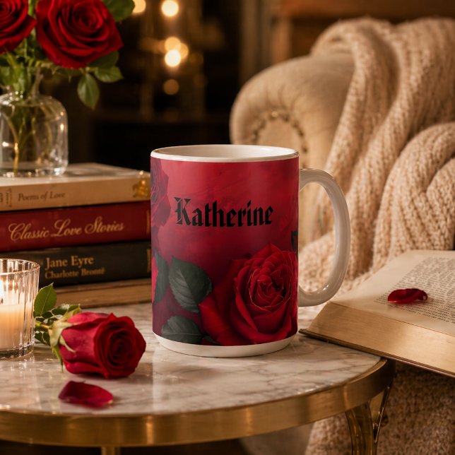 Caneca De Café Rosas Vermelhas Góticas Elegantes Nome Personaliza (Criador carregado)