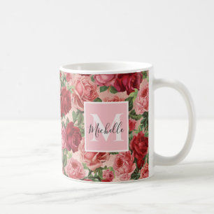Caneca De Café Rosas vermelhas Rosa Vintage Monogramas Florais