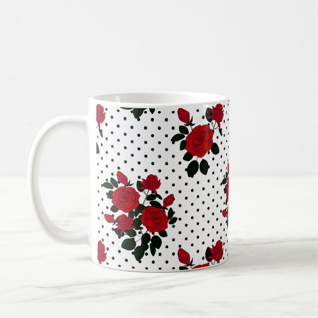 Caneca De Café Rosas vermelhas sobre um fundo de bolinhas. (Esquerda)