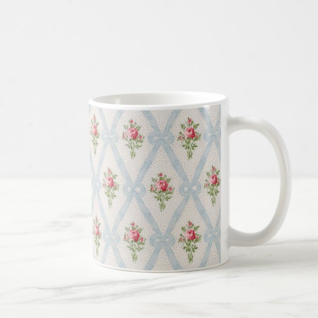 Caneca De Café Rosas Victorianas cor-de-rosa com Fita Azul (Direita)