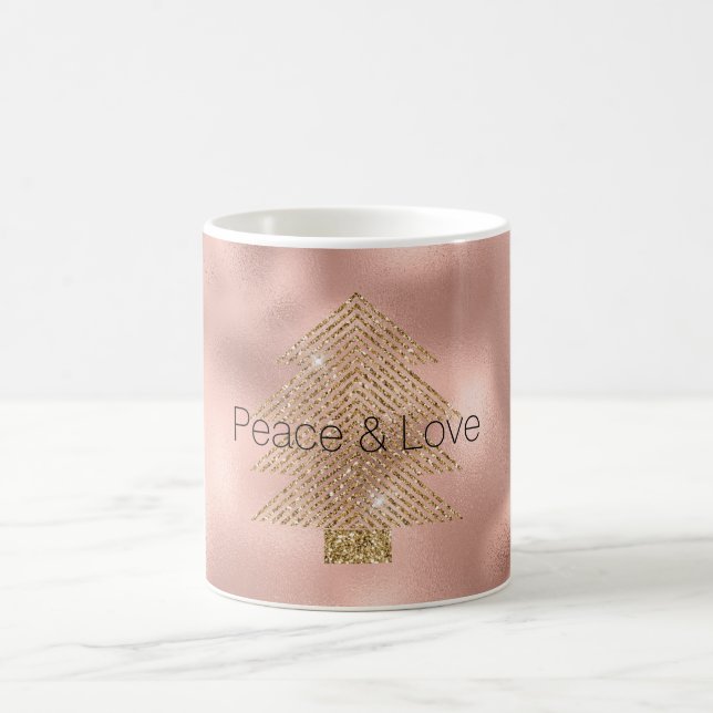 Caneca De Café Rose Gold Glitzy Glitter Christmas Tree   (Centro)