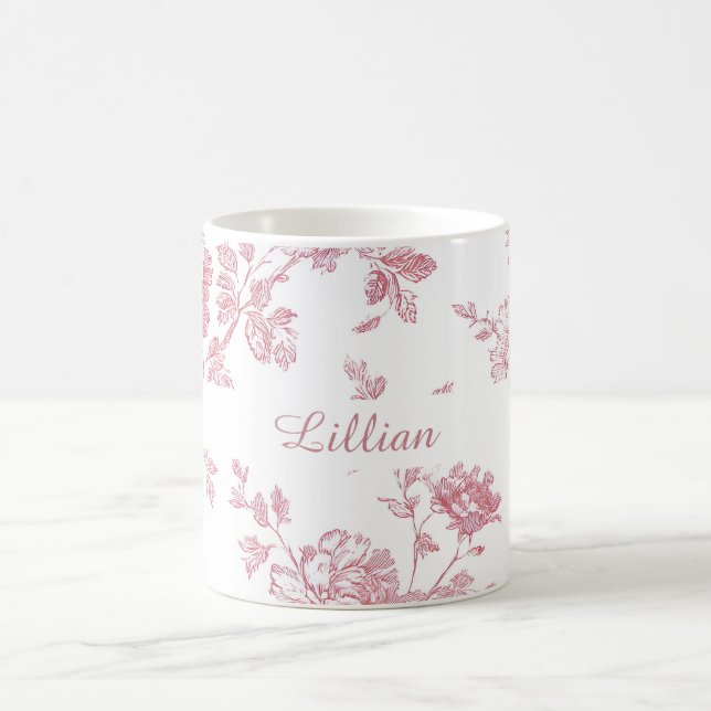 Caneca De Café Rose Pink Floral Toile Pattern Personalized Name (Centro)