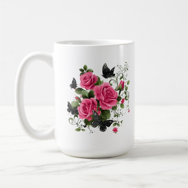 Caneca De Café Roses and Butterflies, Colorful Design, (Esquerda)