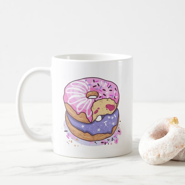 Caneca De Café Rosquinhas Rosa E Roxo De Aquarelas Com Préguas (Com Donut)