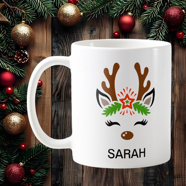 Caneca De Café Rosto de Rena Fofo com Nome Personalizado de Féria (Cute Reindeer Face Custom Name Holiday Coffee Mug
)