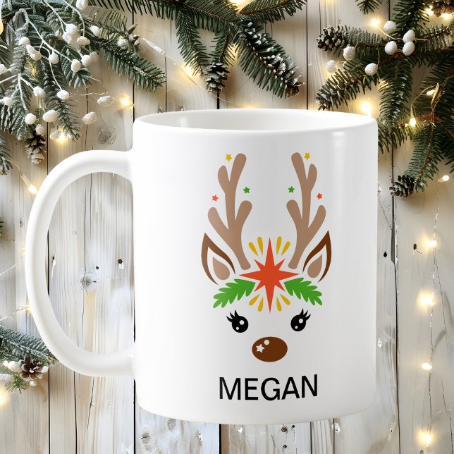 Caneca De Café Rosto de Rena Nome Personalizado Férias (Reindeer Face Custom Name Holiday Coffee Mug
)