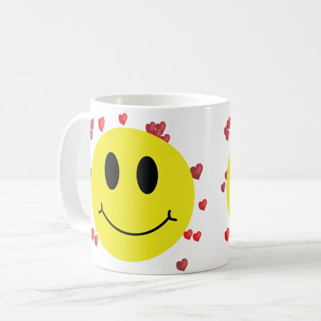 Caneca De Café Rosto sorridente com Corações Vermelhos (Frente Esquerda)