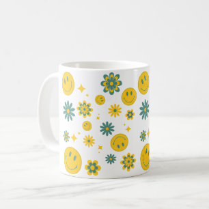 Caneca De Café rosto sorridente engraçado e flores descoladas