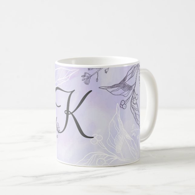 Caneca De Café Roteiro de Monograma Branco Cinza Roxo Floral  (Frente Esquerda)