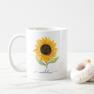 Caneca De Café Rótulo de Nome Personalizado com Girassol Rústico