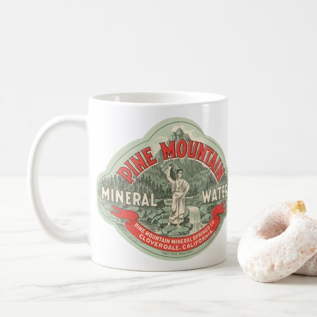 Caneca De Café Rótulo de Produto Antigo, Água Mineral Pine Mounta (Com Donut)