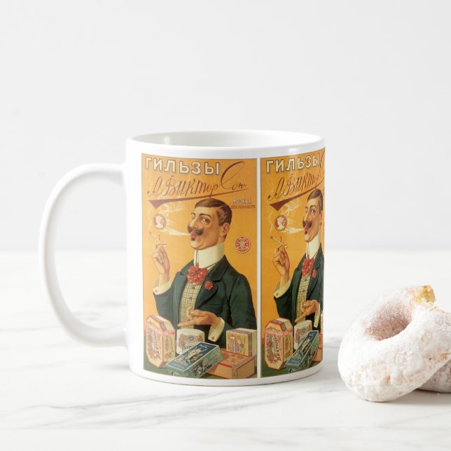 Caneca De Café Rótulo de Produto Antigo, Tabaco de Cigarro Russo (Com Donut)