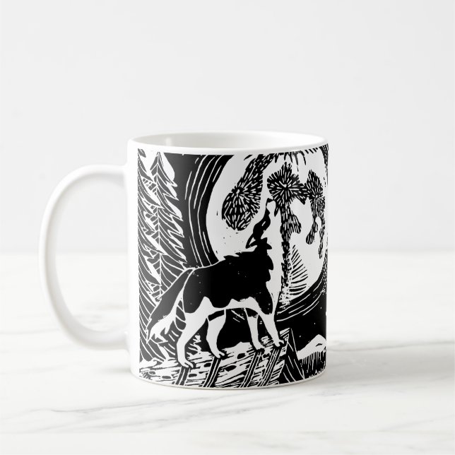 Caneca De Café Rouco de Howling Preto e Branco no Linocut da Noit (Esquerda)