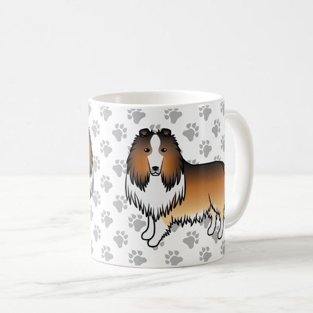Caneca De Café Rough Collie de Pelo Preto Fofo Cartoon e Patinhas (Frente Esquerda)