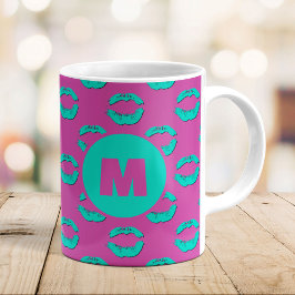 Caneca De Café Roxo & Turquesa XOXO Lábios Beijando Personalizado