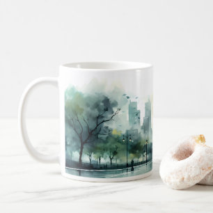 Caneca De Café Rua no Estilo de Aquarela da Manhã