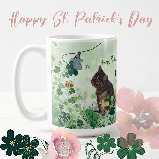Caneca De Café RUAS. Patrick Holiday Mug com gato e rato (Happy St Patrick's Day with Music Mug featuring Cat and mice with beautiful Nature as background )