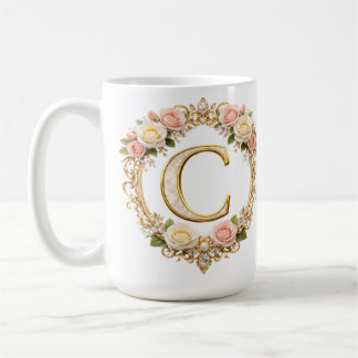 Caneca De Café Rubor Rosa Dourado Floral Monograma Letra C Casame