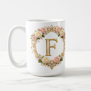 Caneca De Café Rubor Rosa Dourado Floral Monograma Letra F Casame