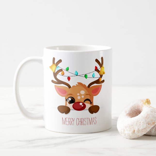 Caneca De Café Rudolf Renaudinho Piscando com Luzes de Natal (Com Donut)