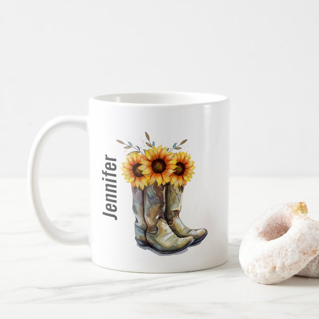 Caneca De Café Russo Cowboy Boots com Girassóis (Com Donut)
