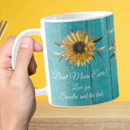 Caneca De Café Russo Teal Blue Sunflower Melhor Mãe Alguma Vez Ca