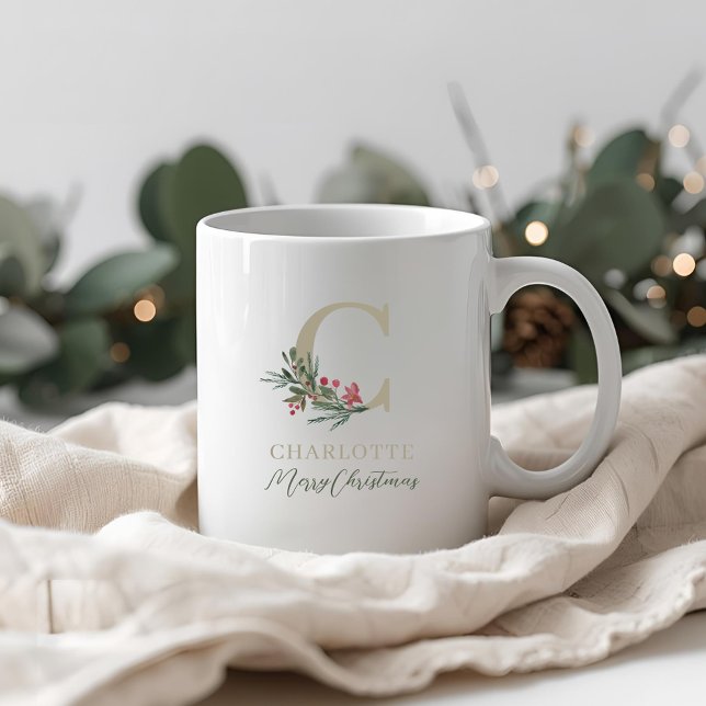 Caneca De Café Rustic Berry Branch Inicial e Nome Natal (Criador carregado)