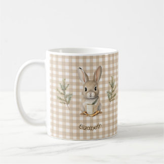 Caneca De Café Rustic Cute Rabbit Brown Gingham Personalized