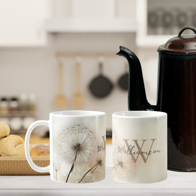 Caneca De Café Rustic Dandelions Monograma (Criador carregado)