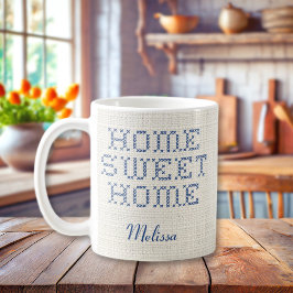 Caneca De Café Rustic Faux Cross-Stitch Home Sweet Home Blue