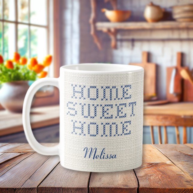 Caneca De Café Rustic Faux Cross-Stitch Home Sweet Home Blue (Rustic Faux Cross-Stitch Home Sweet Home Blue Coffee Mug
)