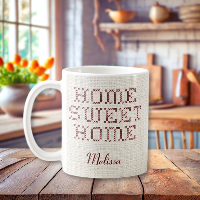 Caneca De Café Rustic Faux Cross-Stitch Home Sweet Home Burgundy (Rustic Faux Cross-Stitch Home Sweet Home Burgundy Coffee Mug
)