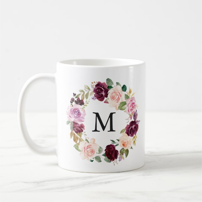 Caneca De Café Rustic Moody Floral Wreath Monograma (Esquerda)