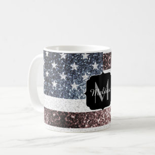 Caneca De Café Rustic Red Blue Sparkles USA flag Monograma