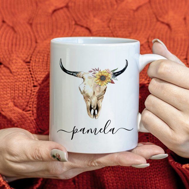 Caneca De Café Rustic Sunflower Bull Nome Personalizado (Criador carregado)