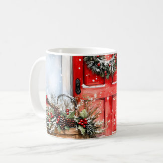 Caneca De Café Rustic Vintage Winter Red Christmas Door Wreath