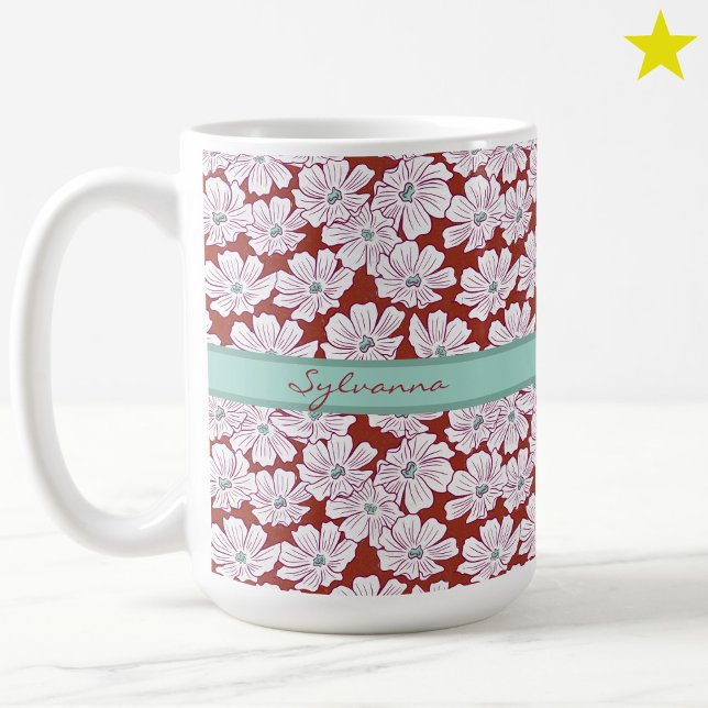 Caneca De Café Rustic White Flowers Sketch Red Teal Custom Name (Criador carregado)