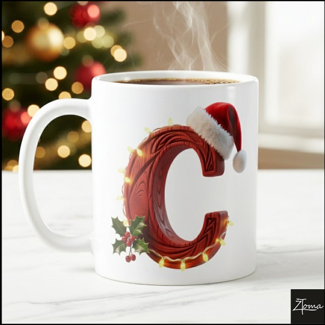 Caneca De Café Rustic Wood Christmas Letter C String Lights (Criador carregado)
