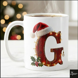 Caneca De Café Rustic Wood Christmas Letter G String Lights