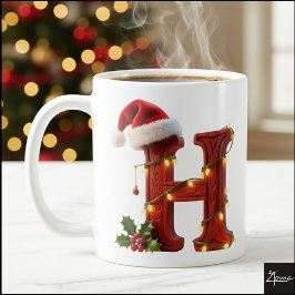 Caneca De Café Rustic Wood Christmas Letter H String Lights